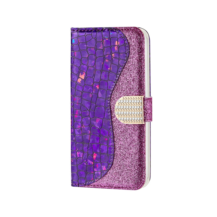 For iPhone 13 Pro Max Laser Glitter Powder Matching Crocodile Texture Horizontal Flip Leather Case with Card Slots & Holder & Wallet (Purple) - iPhone 13 Pro Max Cases by buy2fix | Online Shopping UK | buy2fix