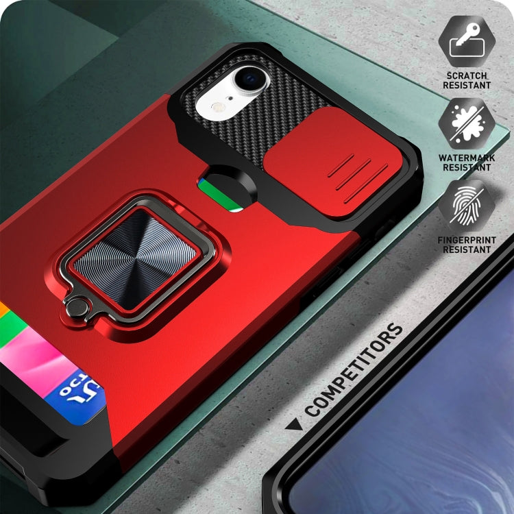 For iPhone XR Sliding Camshield Card Slot Ring Kickstand Phone Case(Red) - More iPhone Cases by buy2fix | Online Shopping UK | buy2fix