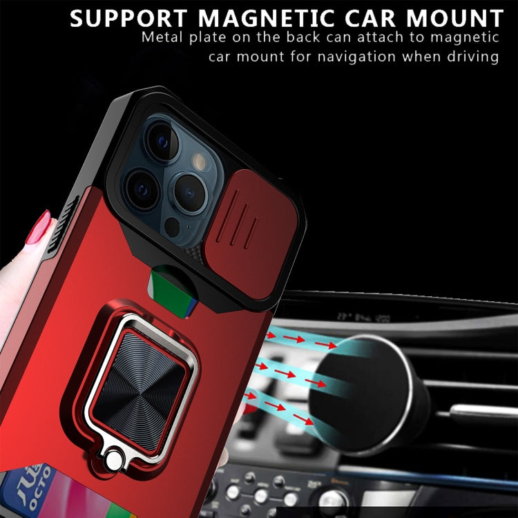 For iPhone 13 Pro Max Sliding Camshield Card Slot Ring Kickstand Phone Case (Red) - iPhone 13 Pro Max Cases by buy2fix | Online Shopping UK | buy2fix