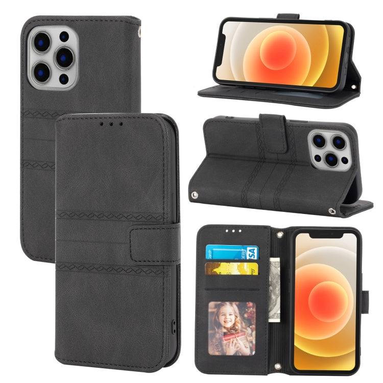 For iPhone 13 Pro Max Embossed Striped Magnetic Buckle PU + TPU Horizontal Flip Leather Case with Holder & Card Slot & Wallet & Photo Frame & Sling (Black) - iPhone 13 Pro Max Cases by buy2fix | Online Shopping UK | buy2fix