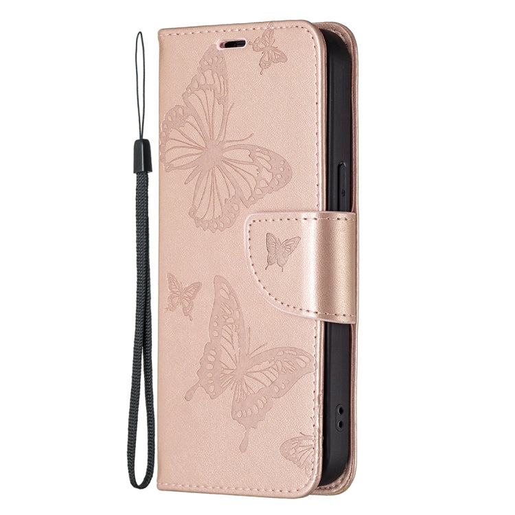 For iPhone 13 Pro Embossing Two Butterflies Pattern Horizontal Flip PU Leather Case with Holder & Card Slot & Wallet & Lanyard (Rose Gold) - iPhone 13 Pro Cases by buy2fix | Online Shopping UK | buy2fix