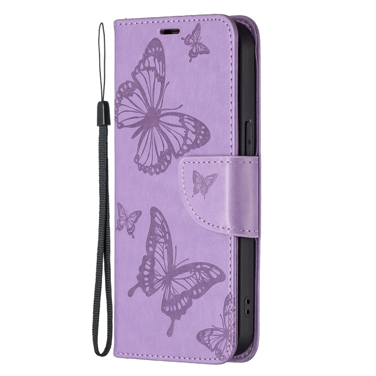 For iPhone 13 Pro Embossing Two Butterflies Pattern Horizontal Flip PU Leather Case with Holder & Card Slot & Wallet & Lanyard (Purple) - iPhone 13 Pro Cases by buy2fix | Online Shopping UK | buy2fix