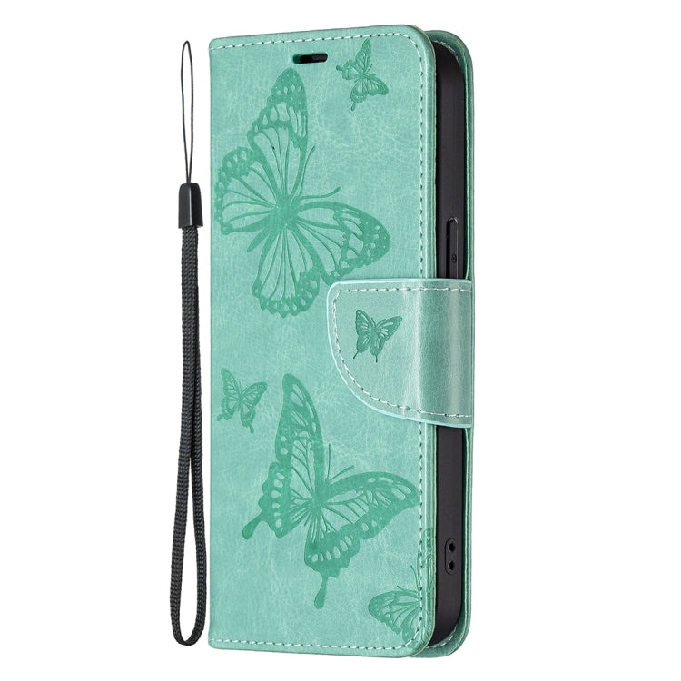 For iPhone 13 Pro Embossing Two Butterflies Pattern Horizontal Flip PU Leather Case with Holder & Card Slot & Wallet & Lanyard (Green) - iPhone 13 Pro Cases by buy2fix | Online Shopping UK | buy2fix