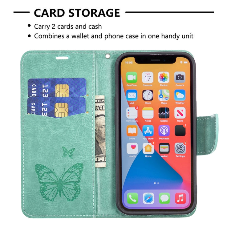 For iPhone 13 Pro Max Embossing Two Butterflies Pattern Horizontal Flip PU Leather Case with Holder & Card Slot & Wallet & Lanyard (Green) - iPhone 13 Pro Max Cases by buy2fix | Online Shopping UK | buy2fix