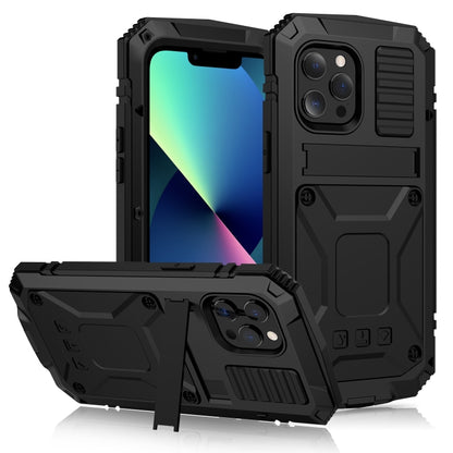 For iPhone 13 mini R-JUST Shockproof Waterproof Dust-proof Metal + Silicone Protective Case with Holder (Black) - iPhone 13 mini Cases by R-JUST | Online Shopping UK | buy2fix