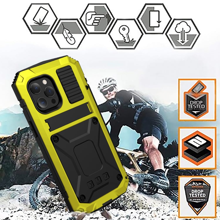 For iPhone 13 mini R-JUST Shockproof Waterproof Dust-proof Metal + Silicone Protective Case with Holder (Yellow) - iPhone 13 mini Cases by R-JUST | Online Shopping UK | buy2fix