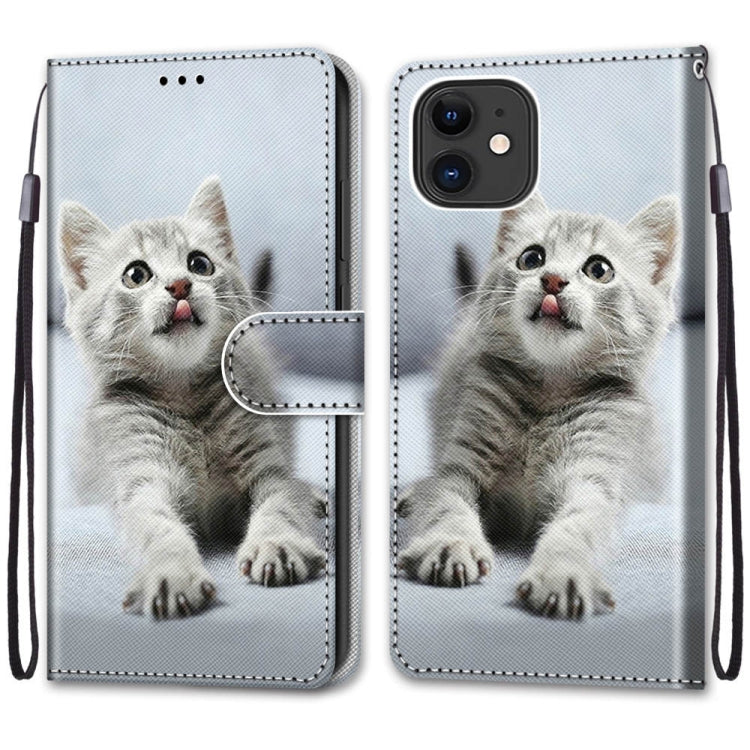 For iPhone 13 Coloured Drawing Cross Texture Horizontal Flip PU Leather Case with Holder & Card Slots & Wallet & Lanyard(Small Gray Cat) - iPhone 13 Cases by buy2fix | Online Shopping UK | buy2fix