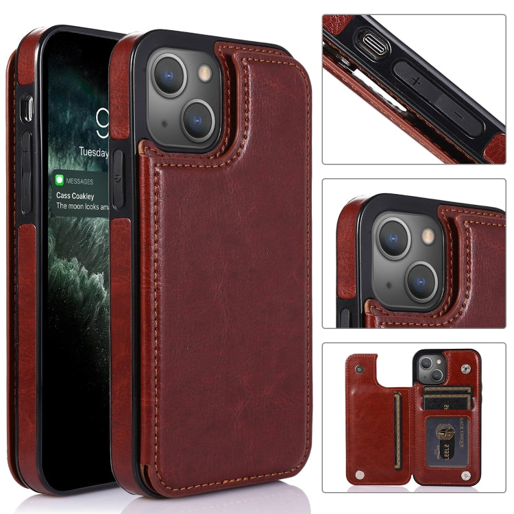 For iPhone 13 Double Buckle Shockproof PU Protective Case with Card Slots & Holder(Brown) - iPhone 13 Cases by buy2fix | Online Shopping UK | buy2fix