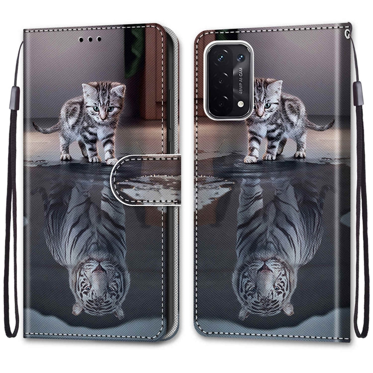 For OPPO A54 5G / A74 5G / A93 5G / A93s 5G Coloured Drawing Cross Texture Horizontal Flip PU Leather Case with Holder & Card Slots & Wallet & Lanyard(Cat Becomes Tiger) - OPPO Cases by buy2fix | Online Shopping UK | buy2fix