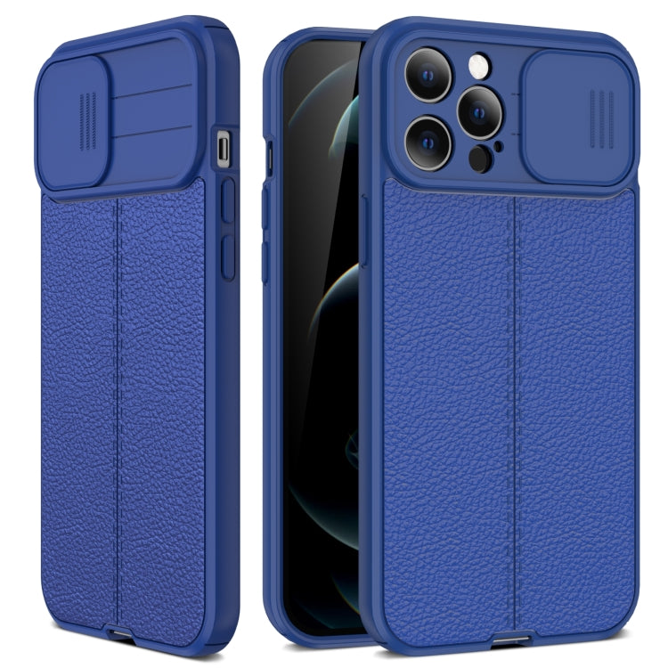 For iPhone 13 Pro Max Litchi Texture Sliding Camshield TPU Protective Case (Blue) - iPhone 13 Pro Max Cases by buy2fix | Online Shopping UK | buy2fix