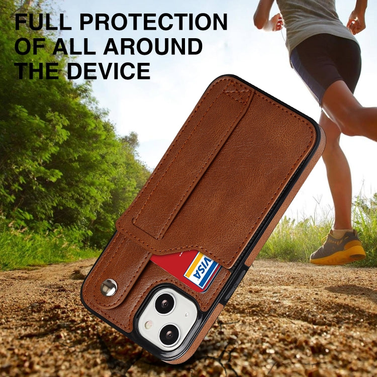 For iPhone 13 mini Crazy Horse Texture Shockproof TPU + PU Leather Case with Card Slot & Wrist Strap Holder (Brown) - iPhone 13 mini Cases by buy2fix | Online Shopping UK | buy2fix