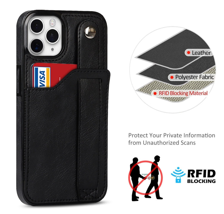 For iPhone 11 Pro Crazy Horse Texture Shockproof TPU + PU Leather Case with Card Slot & Wrist Strap Holder (Black) - iPhone 11 Pro Cases by buy2fix | Online Shopping UK | buy2fix