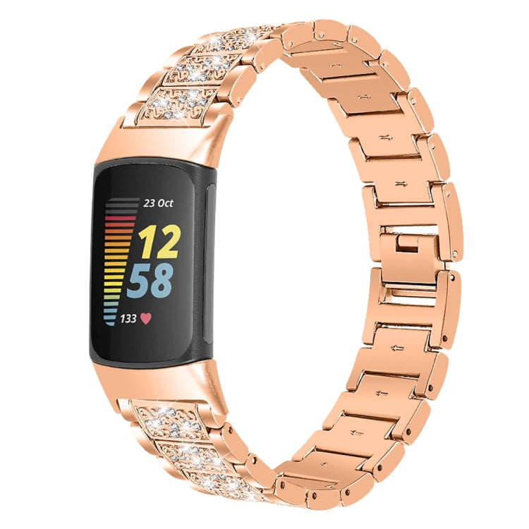 For Fitbit Charge 5 Diamond Stainless Steel Watch Band(Rose Gold) - Watch Bands by buy2fix | Online Shopping UK | buy2fix