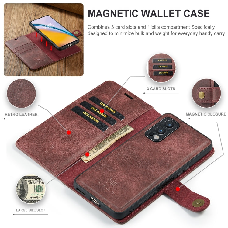 For OnePlus Nord N200 5G DG.MING Crazy Horse Texture Flip Detachable Magnetic Leather Case with Holder & Card Slots & Wallet(Red) - OnePlus Cases by DG.MING | Online Shopping UK | buy2fix