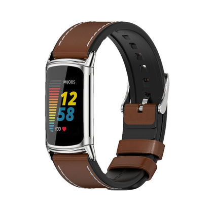 For Fitbit Charge5 Mijobs TPU + Leather Watch Band(Brown+Silver) - Watch Bands by MIJOBS | Online Shopping UK | buy2fix