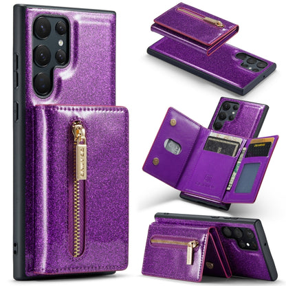 For Samsung Galaxy S22 Ultra 5G DG.MING M3 Series Glitter Powder Card Bag Leather Case(Dark Purple) - Galaxy S22 Ultra 5G Cases by DG.MING | Online Shopping UK | buy2fix