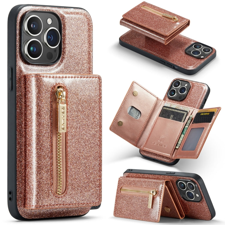 For iPhone 14 Pro DG.MING M3 Series Glitter Powder Card Bag Leather Case(Rose Gold) - iPhone 14 Pro Cases by DG.MING | Online Shopping UK | buy2fix