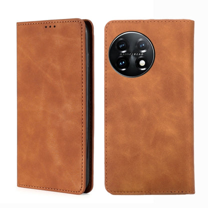 For OnePlus 11 Skin Feel Magnetic Horizontal Flip Leather Phone Case(Light Brown) - OnePlus Cases by buy2fix | Online Shopping UK | buy2fix