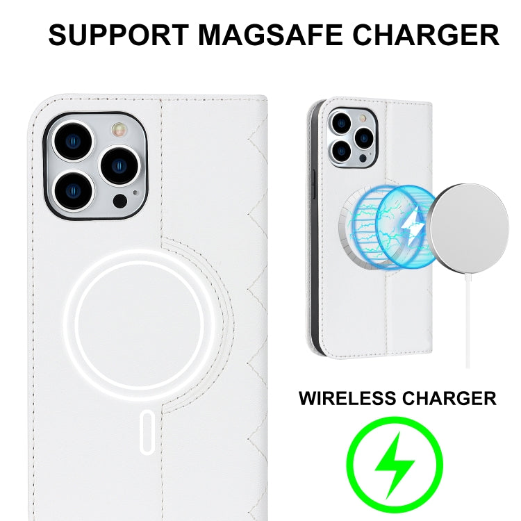 For iPhone 13 Pro Rhombic MagSafe RFID Anti-Theft Wallet Leather Phone Case(White) - iPhone 13 Pro Cases by buy2fix | Online Shopping UK | buy2fix