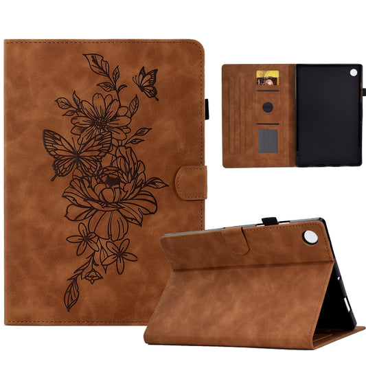 For Samsung Galaxy Tab A8 10.5 2021 X205 Peony Butterfly Embossed Leather Smart Tablet Case(Brown) - Other Galaxy Tab PC by buy2fix | Online Shopping UK | buy2fix