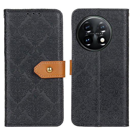 For OnePlus 11 5G European Floral Embossed Flip Leather Phone Case(Black) - OnePlus Cases by buy2fix | Online Shopping UK | buy2fix