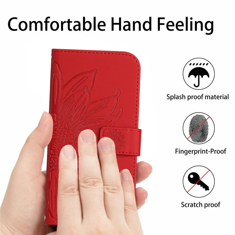 For Xiaomi Redmi Note 13 4G Global Skin Feel Sun Flower Embossed Flip Leather Phone Case with Lanyard(Red) - Note 13 Cases by buy2fix | Online Shopping UK | buy2fix