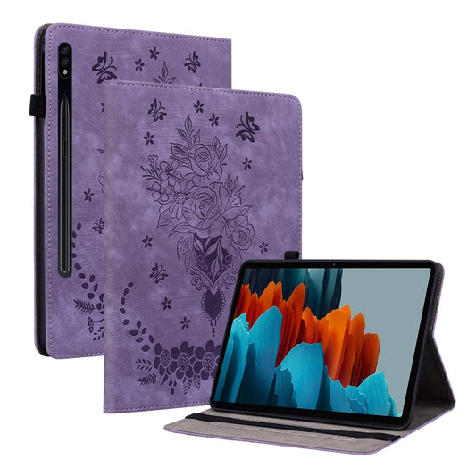 For Samsung Galaxy Tab S8+ / S7+ / S7 FE Butterfly Rose Embossed Leather Tablet Case(Purple) - Galaxy Tab S8+ Cases by buy2fix | Online Shopping UK | buy2fix