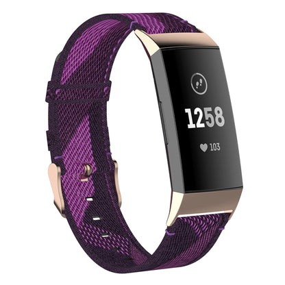 For Fitbit Charge 4 / Charge 3 / Charge 3 SE Stainless Steel Head Grain Nylon Denim Replacement Strap Watchband(Purple Stripe) - Watch Bands by buy2fix | Online Shopping UK | buy2fix