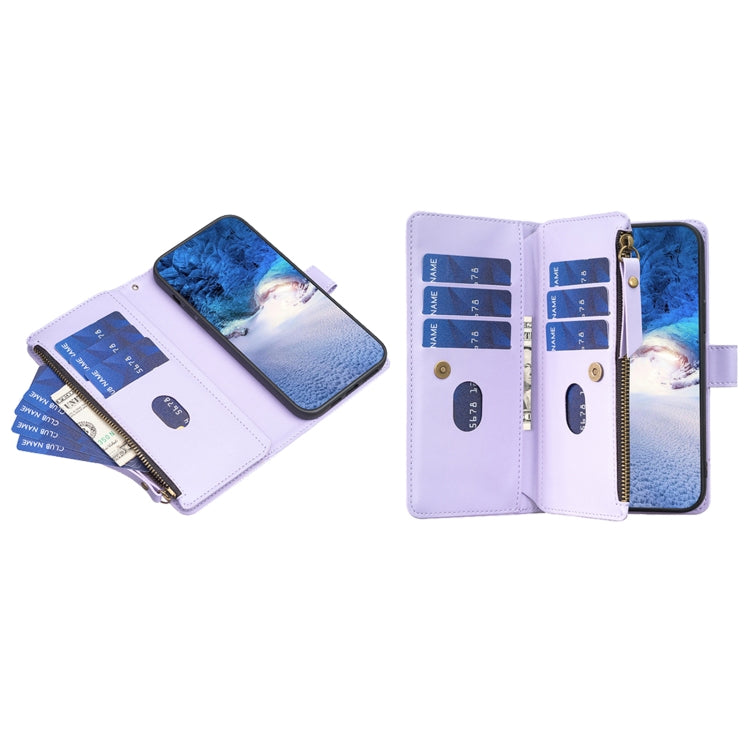 For iPhone 16 Plus 9 Card Slots Zipper Wallet Leather Flip Phone Case(Light Purple) - iPhone 16 Plus Cases by buy2fix | Online Shopping UK | buy2fix