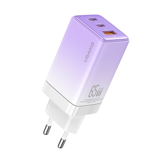USAMS US-CC180 65W ACC Three Ports GaN Charger, EU Plug(Gradient Purple) - USB Charger by USAMS | Online Shopping UK | buy2fix