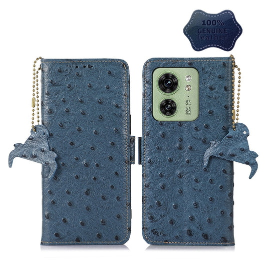 For Motorola Edge 40 Ostrich Pattern Genuine Leather RFID Phone Case(Blue) - Motorola Cases by buy2fix | Online Shopping UK | buy2fix