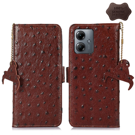 For Motorola Moto G14 4G Ostrich Pattern Genuine Leather RFID Phone Case(Coffee) - Motorola Cases by buy2fix | Online Shopping UK | buy2fix