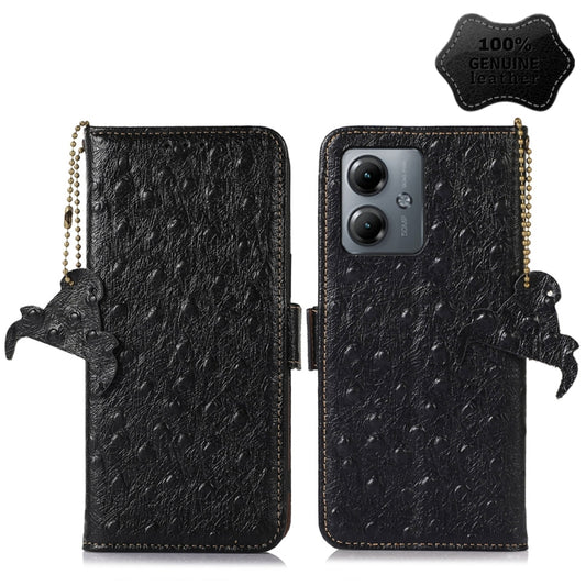 For Motorola Moto G14 4G Ostrich Pattern Genuine Leather RFID Phone Case(Black) - Motorola Cases by buy2fix | Online Shopping UK | buy2fix