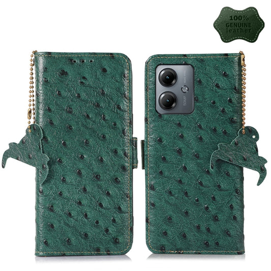 For Motorola Moto G14 4G Ostrich Pattern Genuine Leather RFID Phone Case(Green) - Motorola Cases by buy2fix | Online Shopping UK | buy2fix