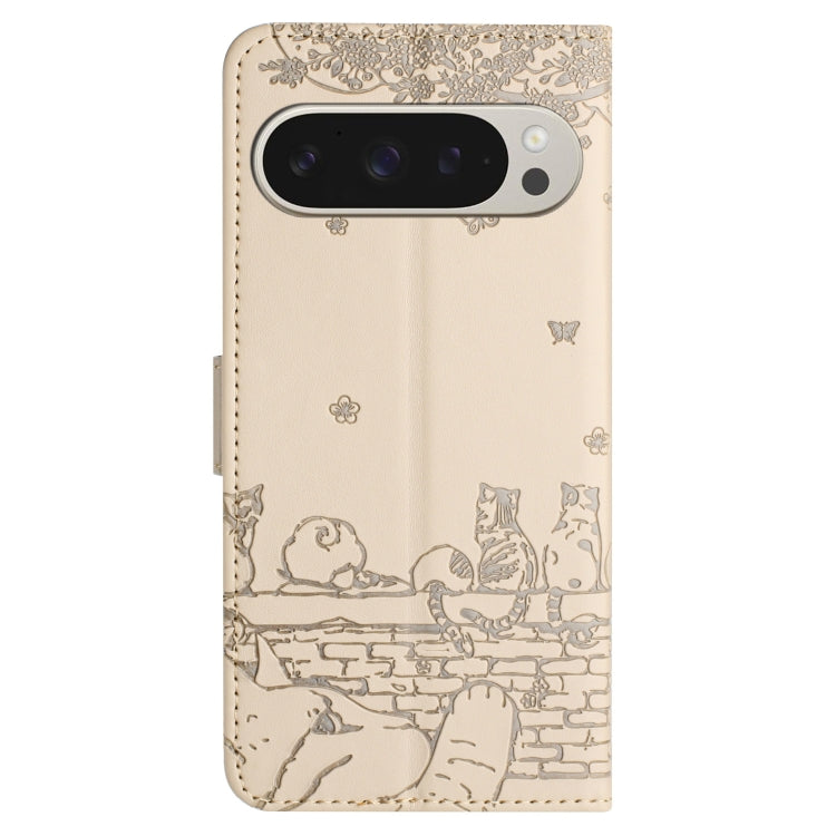 For Google Pixel 9 Pro XL Cat Embossing Pattern Leather Phone Case with Lanyard(Beige) - Google Cases by buy2fix | Online Shopping UK | buy2fix