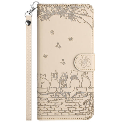 For iPhone 16 Pro Max Cat Embossing Pattern Leather Phone Case with Lanyard(Beige) - iPhone 16 Pro Max Cases by buy2fix | Online Shopping UK | buy2fix