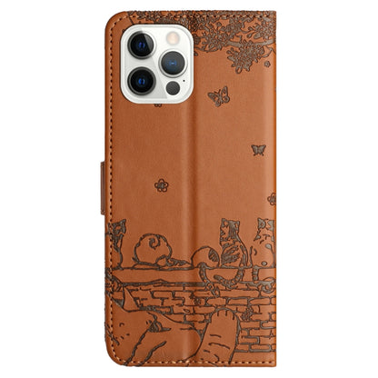 For iPhone 16 Pro Cat Embossing Pattern Leather Phone Case with Lanyard(Brown) - iPhone 16 Pro Cases by buy2fix | Online Shopping UK | buy2fix