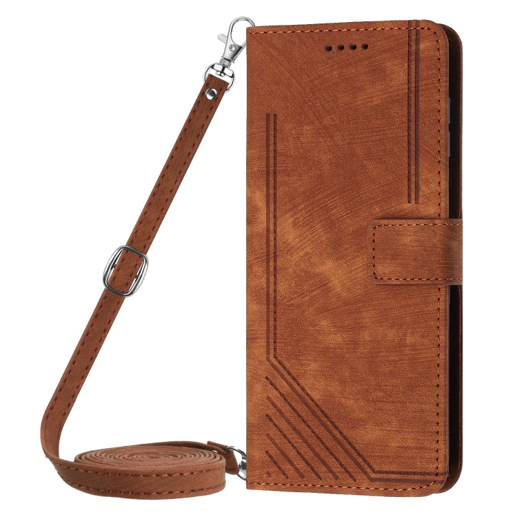 For Xiaomi Redmi K70E Skin Feel Stripe Pattern Leather Phone Case with Long Lanyard(Brown) - K70E Cases by buy2fix | Online Shopping UK | buy2fix