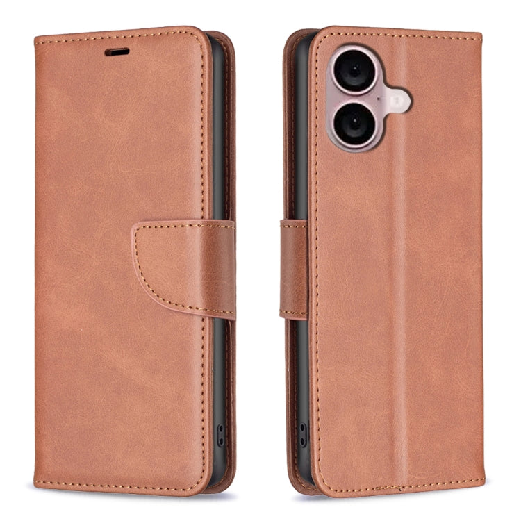 For iPhone 16 Plus Lambskin Texture Pure Color Flip Leather Phone Case(Brown) - iPhone 16 Plus Cases by buy2fix | Online Shopping UK | buy2fix