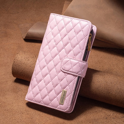 For iPhone 16 Pro Diamond Lattice Zipper Wallet Leather Flip Phone Case(Pink) - iPhone 16 Pro Cases by buy2fix | Online Shopping UK | buy2fix