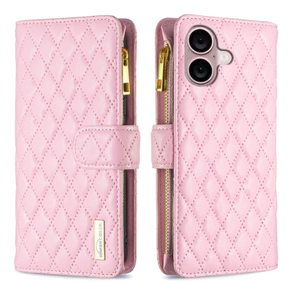 For iPhone 16 Plus Diamond Lattice Zipper Wallet Leather Flip Phone Case(Pink) - iPhone 16 Plus Cases by buy2fix | Online Shopping UK | buy2fix