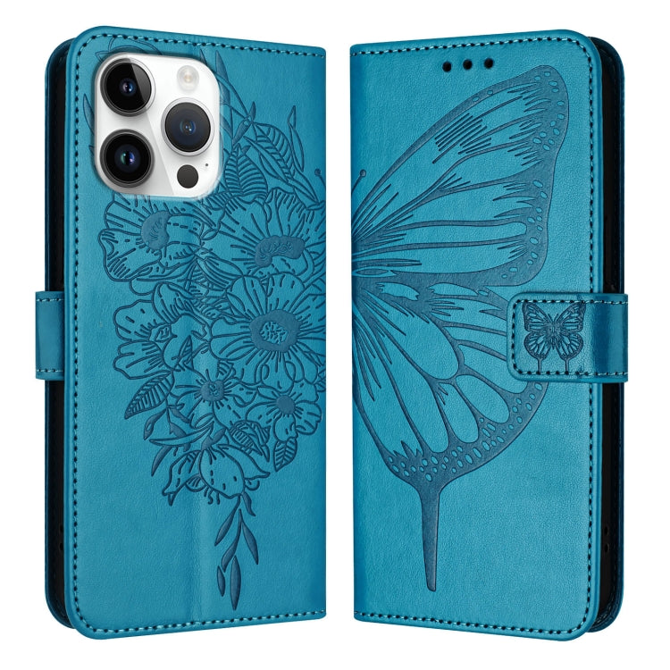 For iPhone 16 Pro Max Embossed Butterfly Leather Phone Case(Blue) - iPhone 16 Pro Max Cases by buy2fix | Online Shopping UK | buy2fix