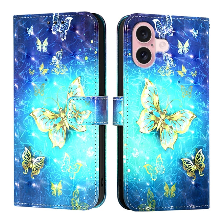 For iPhone 16 3D Painting Horizontal Flip Leather Phone Case(Golden Butterfly) - iPhone 16 Cases by buy2fix | Online Shopping UK | buy2fix