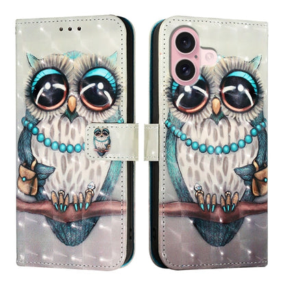 For iPhone 16 3D Painting Horizontal Flip Leather Phone Case(Grey Owl) - iPhone 16 Cases by buy2fix | Online Shopping UK | buy2fix