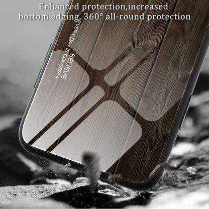 For iPhone 16 Wood Grain Glass Phone Case(Dark Brown) - iPhone 16 Cases by buy2fix | Online Shopping UK | buy2fix