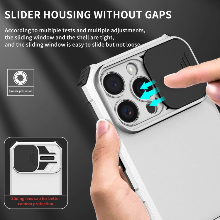 For iPhone 16 Pro Stereoscopic Holder Sliding Camshield Phone Case(White) - iPhone 16 Pro Cases by buy2fix | Online Shopping UK | buy2fix