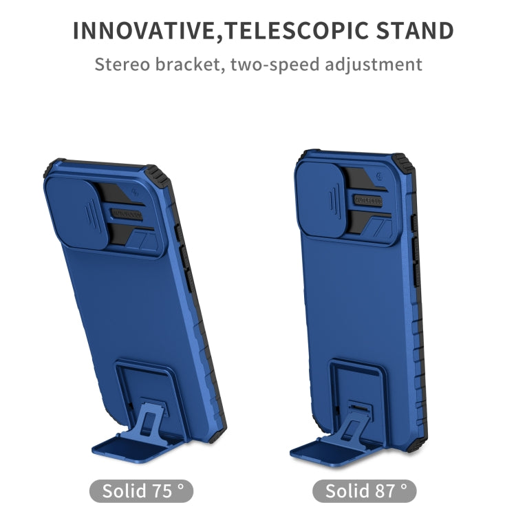 For iPhone 16 Plus Stereoscopic Holder Sliding Camshield Phone Case(Blue) - iPhone 16 Plus Cases by buy2fix | Online Shopping UK | buy2fix