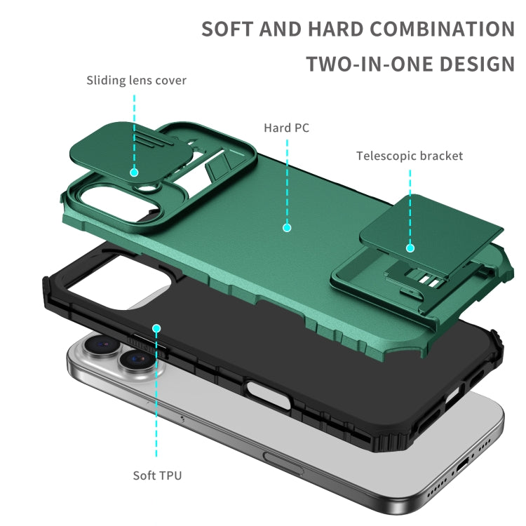 For iPhone 16 Plus Stereoscopic Holder Sliding Camshield Phone Case(Green) - iPhone 16 Plus Cases by buy2fix | Online Shopping UK | buy2fix