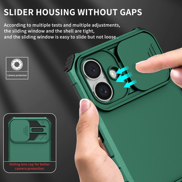 For iPhone 16 Plus Stereoscopic Holder Sliding Camshield Phone Case(Green) - iPhone 16 Plus Cases by buy2fix | Online Shopping UK | buy2fix