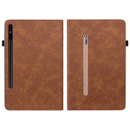 For Samsung Galaxy Tab S9+ Skin Feel Solid Color Zipper Leather Tablet Case(Brown) - Galaxy Tab S9+ Cases by buy2fix | Online Shopping UK | buy2fix